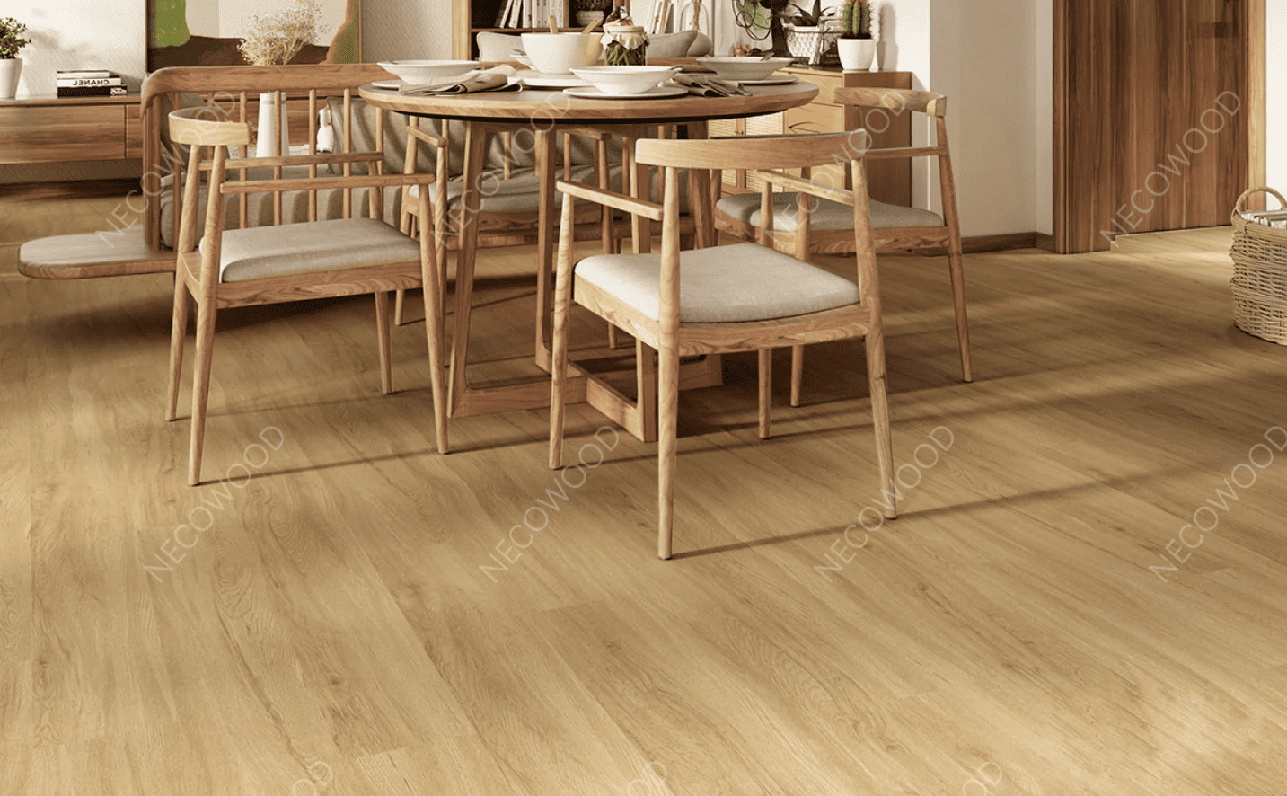 Modern commercial interior showcasing durable SPC flooring from NECOWOOD