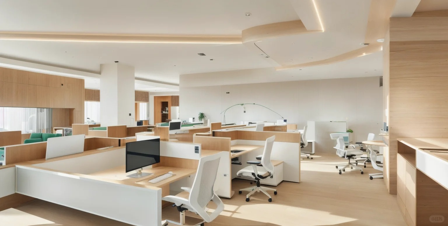 Open plan staff workstation interior NECOWOOD carbon crystal board wall + SPC wood flooring, minimalist warm tone office space
