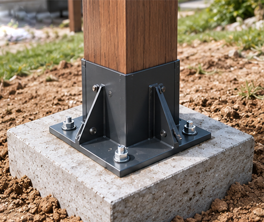 WPC pergola post anchor fixed to concrete footing with expansion bolts